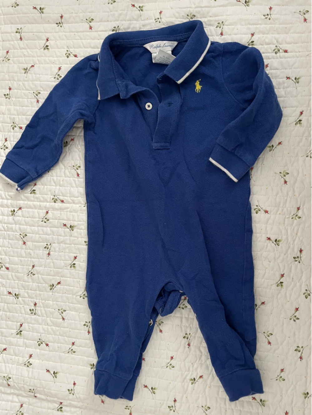 Ralph Lauren Royal Blue Polo Footie with Yellow Pony